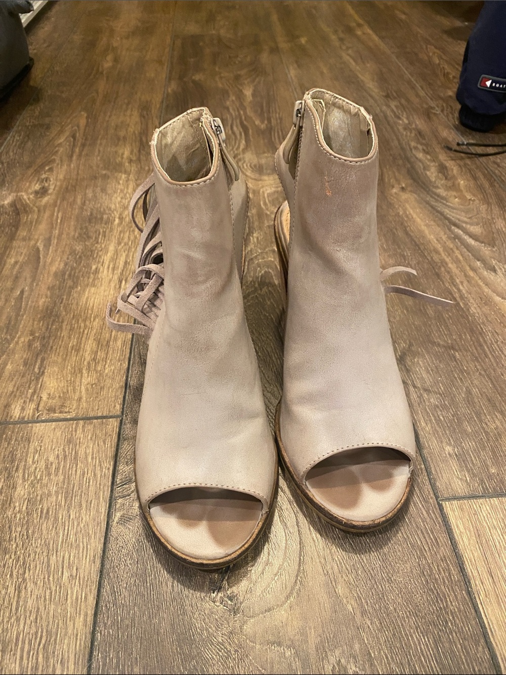Very Volatile Taupe Open-Toe Lace-Up Ankle Booties